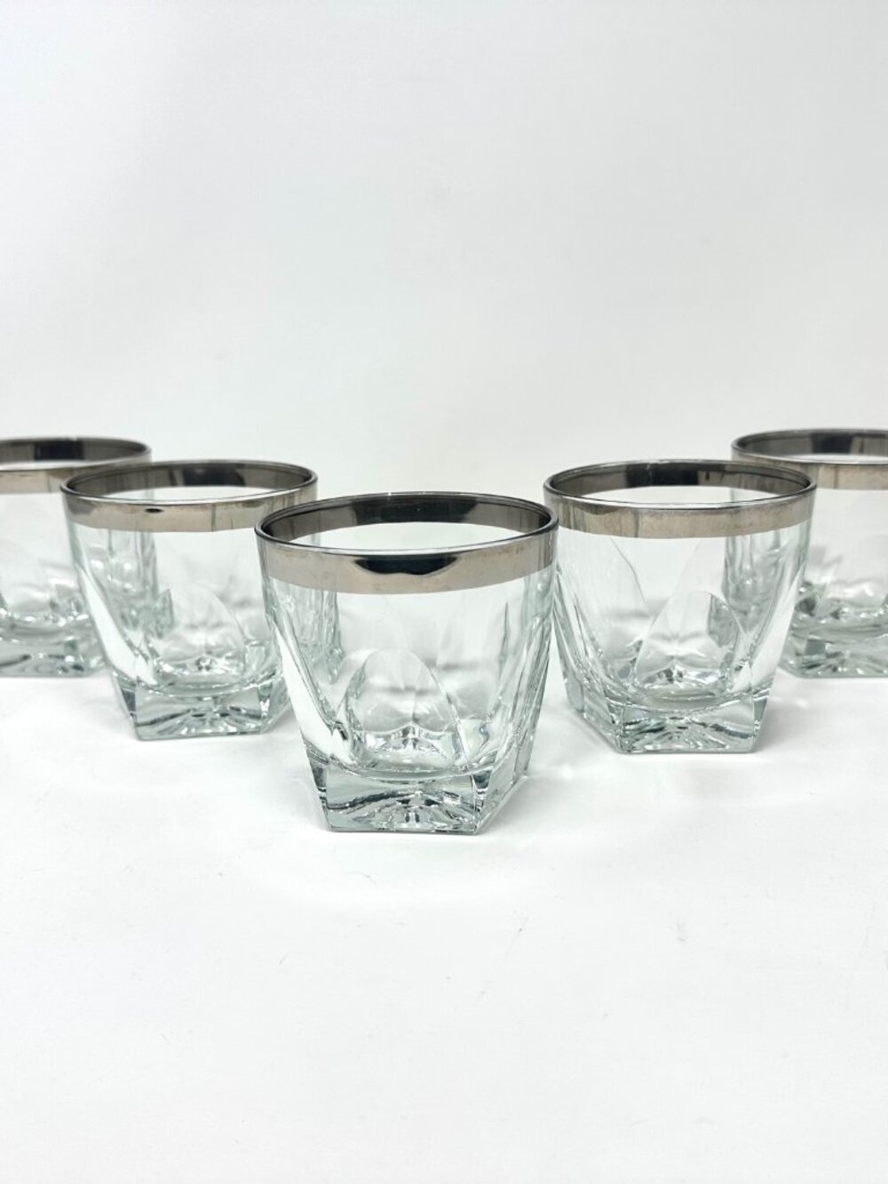 Vintage MCM Hazel Atlas Gothic Low Ball Glasses w/ Platinum Rim Pentagon Base 5